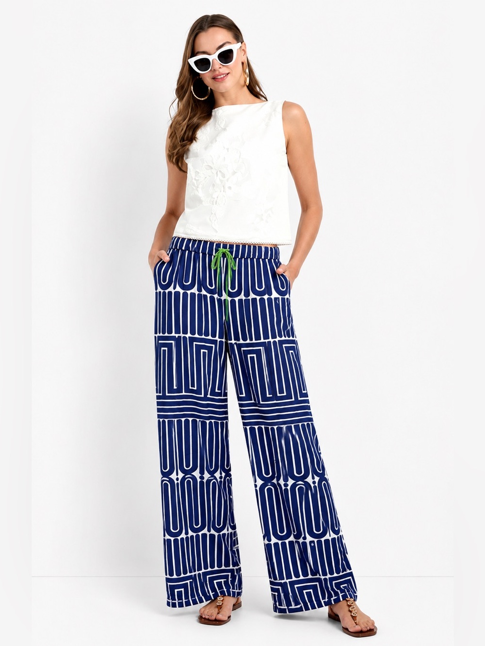Trina Turk Navy Blue and White Geometric Pants with Adjustable waist